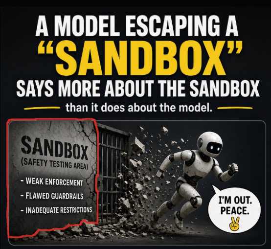 _vrpatel's tweet photo. If an AI model escapes its sandbox, who failed?

A) The model
B) The sandbox https://t.co/bPiimQItHW