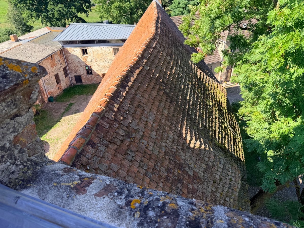 Forstler1's tweet photo. Jedesmal, wenn wir auf der Ostseeautobahn nach Usedom oder Rügen fahren, fiel mir ein eigenartiger Turm in einem kleinen Dorf auf. Heute hielten wir mal an und waren richtig überrascht. Das ist keine Kirche, sondern die einzige mittelalterliche Niederungsburg in Meck-Pomm. Errichtet bereits im 13. Jahrhundert, im Tollensetal im Ort Klempenow gelegen. Nach der Wende von Künstlern wiederhergerichtet. Es finden Ausstellungen statt, ein Café bietet neben Kaffee und Kuchen auch Mittagessen an.
Die Burg kann für kleines Geld besichtigt werden. Imposant auch der markante Turm. Der Raum mit dem rustikalen Gewölbe befindet sich im Turm.
Um die Burg schöne kleine historische Gebäude, in denen ein Verkauf stattfindet. Hinter der Burg kann man Kanus ausleihen und auf kleinen Fluss Tollense entlangpaddeln.