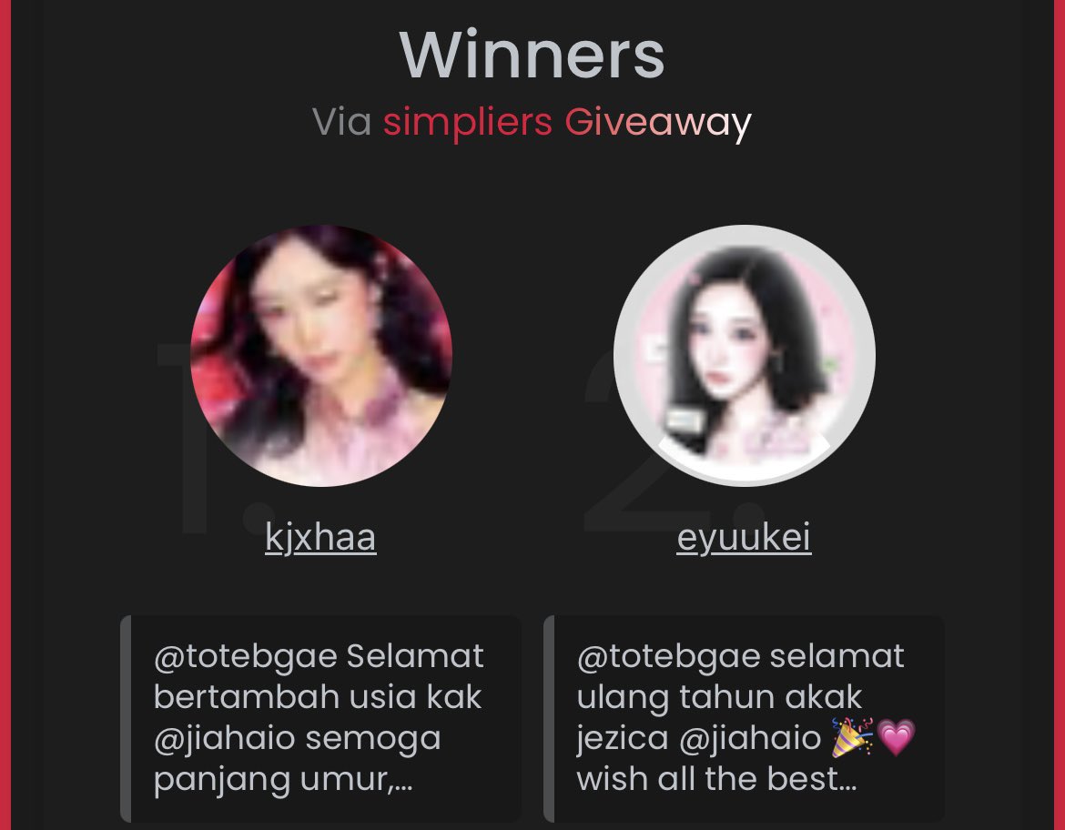totebgae's tweet photo. ⊹ 🏅🎀 ⊹ THE WINNER ⊹ 🎀🏅⊹

01. @kjxhaa
02. @eyuukei

💌 ⊹ : : silahkan claim dengan cara dm/chat ke tele aku di bio yaaa, max 1x24 jam! thankyouu ʚɞ ⁺˖ https://t.co/vAObJ8my8u