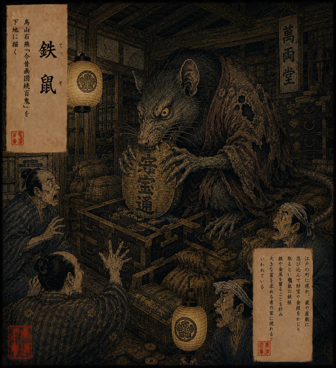 korakuyoshi's tweet photo. チャッピーに描いて貰っている #ai妖怪 

鉄鼠
蓑火
白蔵主
釣瓶落とし

実は近江に関わる妖怪なんだけど、チャッピーは違う情報を集めたみたい https://t.co/YLQ2ObsJe3