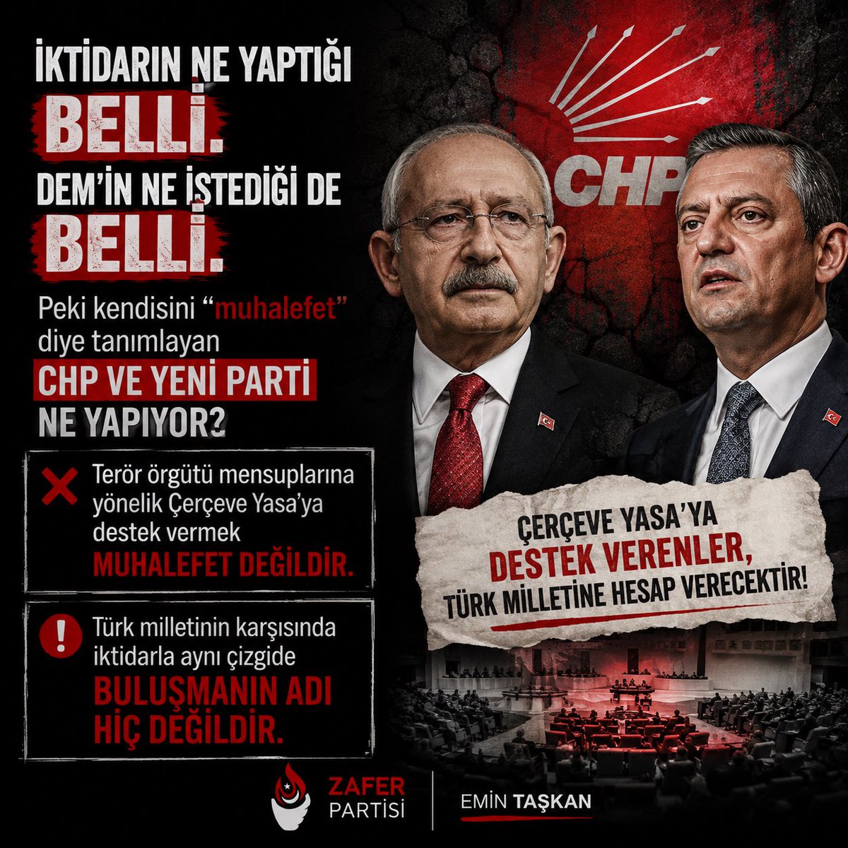 taskanemn's tweet photo. İktidarın ne yaptığı belli.
demlilerin ne istediği de belli.

Peki kendisini “muhalefet” diye tanımlayan CHP ve Yeni Parti ne yapıyor?

Terör örgütü mensuplarına yönelik Çerçeve Yasa’ya destek vermek muhalefet değildir.

Türk milletinin karşısında iktidarla aynı çizgide buluşmanın adı hiç değildir.

@umitozdag @zaferpartisi