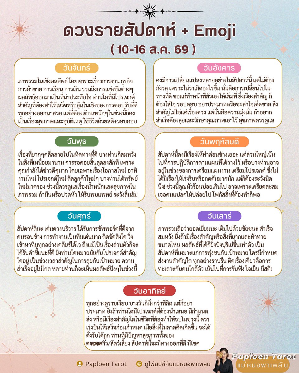 dingaploen's tweet photo. "ดวงรายสัปดาห์ 10-16 ส.ค. 69" มาแล้วค่า
**ให้ใช้อิโมจิเป็นเซตนะคะ แม่หมอจัดพลังงานไว้อย่างดี**
.
▪️เกิดวันจันทร์: 🩺☯️🛟🪬☂️
▪️เกิดวันอังคาร:🦋🐮🌻♈🚿
▪️เกิดวันพุธ: ♊⬆️🪑🖇️👑
▪️เกิดวันพฤหัสบดี:🧽❤️‍🩹🌿🧋🏓
▪️เกิดวันศุกร์ :🎉🎀🏅🧶🔮
▪️เกิดวันเสาร์: 🍫🌷🪽💗🤝
▪️เกิดวันอาทิตย์:🥪🪁🧸🌟🛞
.
หมายเหตุ: เป็นการวิเคราะห์ผ่านไพ่ทาโรต์100% ค่ะ
.
🔮จองคิว/ติดต่องาน/ซื้อสินค้า/สมัครเรียน ทัก Line OA: @paploentarot **พิมพ์@ก่อนคำว่าpaploentarot นะคะ😊**
.
#แม่หมอพาเพลิน #ดูไพ่ยิปซีกับแม่หมอพาเพลิน #paploentarot