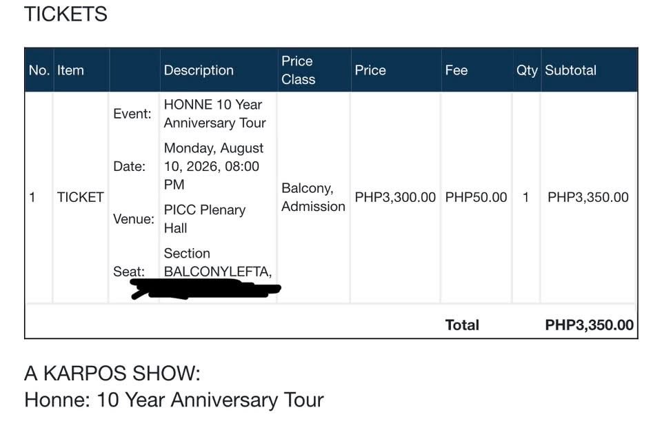 ReiMaricon's tweet photo. LFB | WTS / selling one (1) Balcony ticket for HONNE 10 YEAR ANNIVERSARY TOUR DAY 1: Aug 10

Seat: Balcony Left

RFS: Got day 2 tickets 🙂 
Bought for 3,350 — just selling for 2.5k :) 

🙂 https://t.co/pLJDqDCLu3