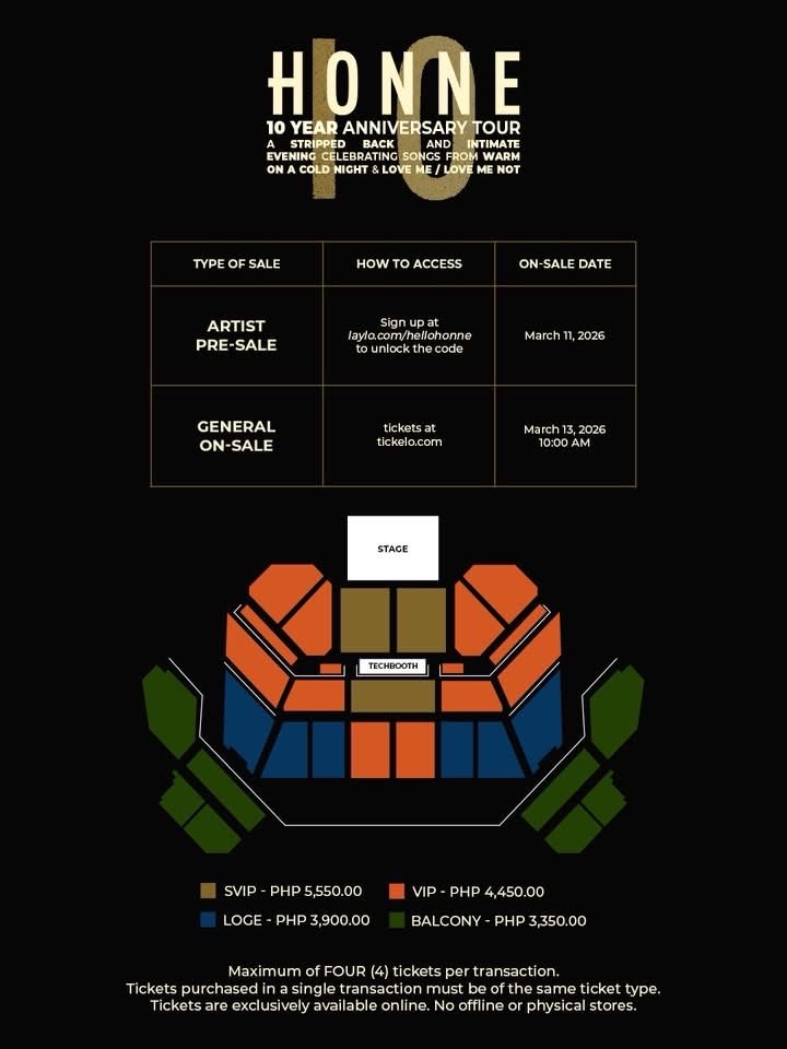 ReiMaricon's tweet photo. LFB | WTS / selling one (1) Balcony ticket for HONNE 10 YEAR ANNIVERSARY TOUR DAY 1: Aug 10

Seat: Balcony Left

RFS: Got day 2 tickets 🙂 
Bought for 3,350 — just selling for 2.5k :) 

🙂 https://t.co/pLJDqDCLu3