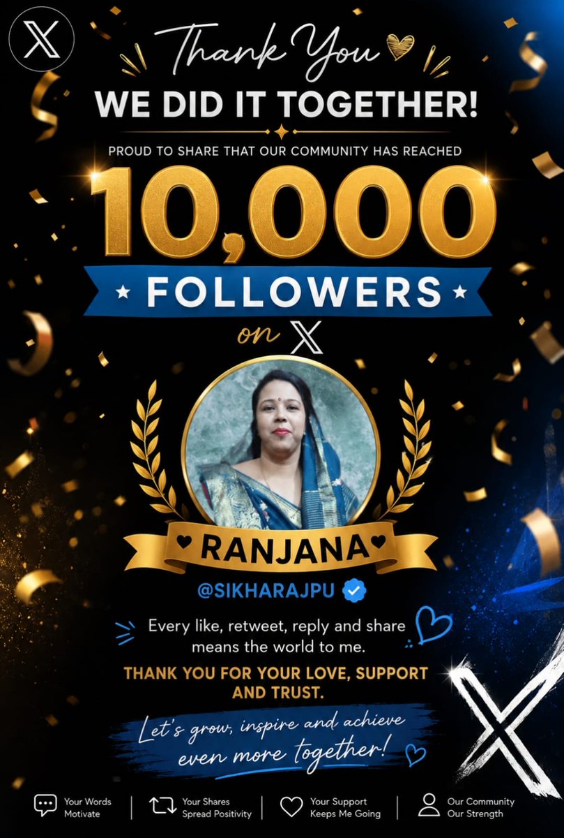 SIKHARAJPU's tweet photo. 10,000 सिर्फ एक नंबर नहीं… ये 10,000 रिश्तों का भरोसा है। ❤️

आज @SIKHARAJPU परिवार ने 10K का खूबसूरत मुकाम छू लिया। 🥹✨

हर Follow, Like, Reply, Repost और Share के पीछे आपका प्यार है, जिसने इस सफर को इतना खास बनाया। 🙏

मैं शायद हर एक का नाम लेकर धन्यवाद न कर पाऊँ,
लेकिन आपका एक-एक सपोर्ट दिल तक पहुँचा है। ❤️

10K पूरा हुआ है… सफर अभी बाकी है। 🚀

दिल से शुक्रिया मेरे X परिवार…
आप साथ हैं, तो आगे की मंज़िलें भी अपनी हैं। ❤️💙

Thank you for being a part of my journey. 🙏