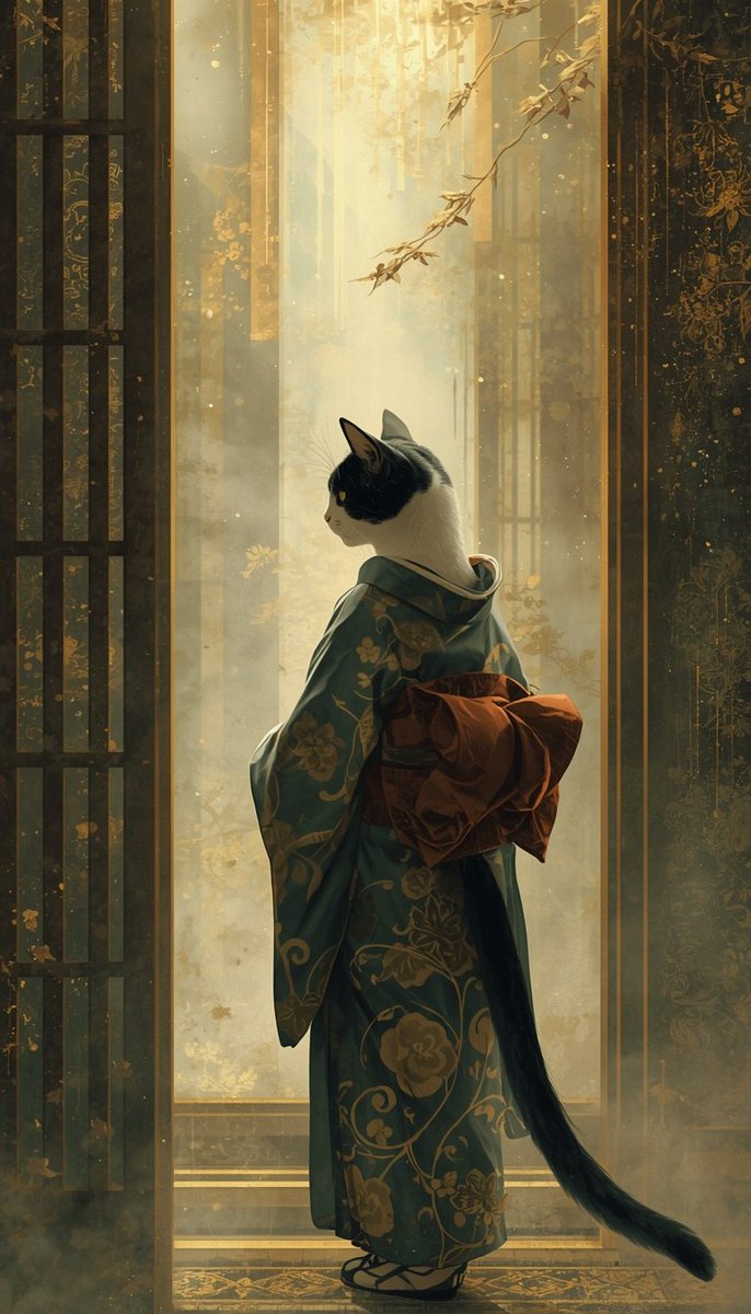 yuuidu's tweet photo. A kimono‑clad cat standing in warm golden light — quiet, graceful, and beautifully surreal.
#KimonoCat #JapaneseAesthetic #CatArt #DigitalIllustration https://t.co/gYfQyKd9iz