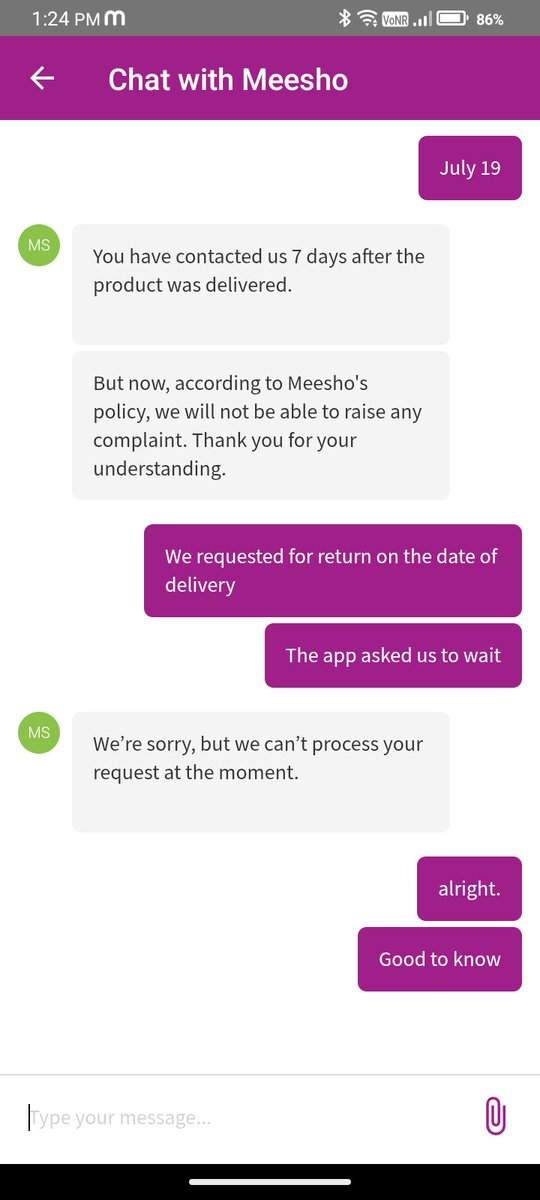 shreyalogy's tweet photo. @meesho_support #Meesho kept asking to wait for an update. First till July 30, 2026 then August 02, 2026. It's August 09, 2026 today and we reached out to #Meesho on their chat/call support option. Here's what they have to say. 

@Meesho_Official @meesho_support @viditaatrey https://t.co/ardSlM5wv8