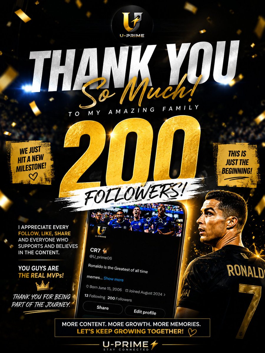 U_prime06's tweet photo. 200 today. 1K next? 👀🚀 Who’s rocking with me till then? Drop a ❤️ if you’re part of the U-PRIME family! https://t.co/z8ZoUXTNdG