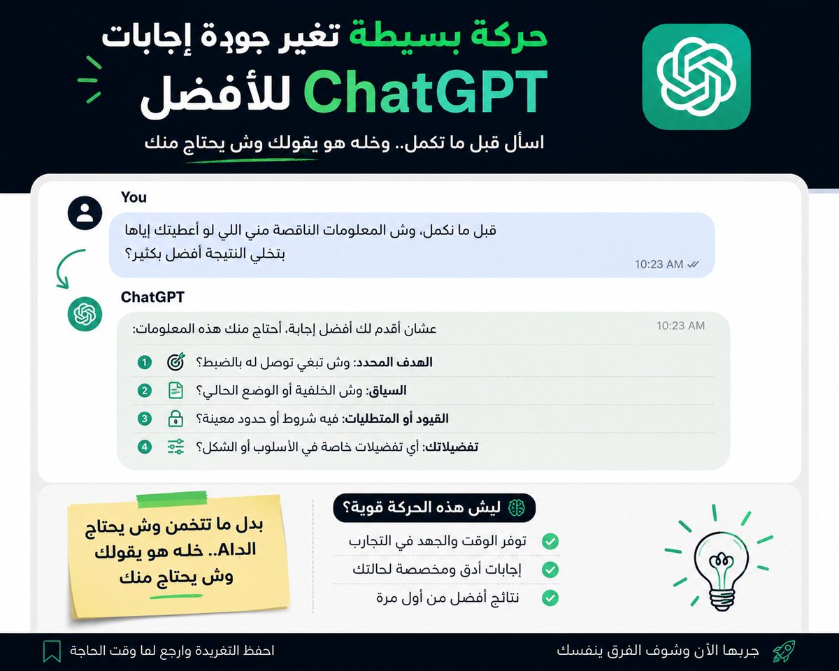 BiinSuliman's tweet photo. إذا ChatGPT يعطيك إجابات عادية، جرب هالحركة:

بعد ما يعطيك النتيجة قل له:

"قبل ما نكمل، وش المعلومات الناقصة مني اللي لو أعطيتك إياها بتخلي النتيجة أفضل بكثير؟"

بدل ما تتوقع وش يحتاج منك الـAI..
خله هو يقول لك.

فرق بسيط، لكن يغيّر جودة النتيجة 👌 https://t.co/EWTdWnCjyQ