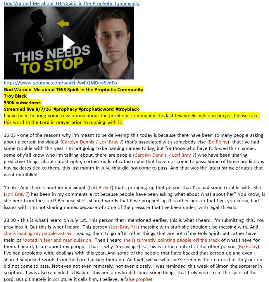 BoPolnyResults's tweet photo. Troy Black new warning about Bo Polny &amp; (likely) Carolyn Dennis/Lori Bray

“She is leading people astray. Fear &amp; Manipulation. Pointing people off the track.”

Didn’t name them (said Failed July predictions). Which one do you think he's referring to?

Lori's failed dates attached https://t.co/FNqkmpPXFV