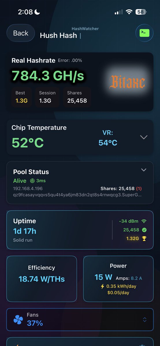 superg7one3's tweet photo. Woot! Baby bitaxe took months running 24/7 but finally got a G diff lol. 👏 proud papa moment 😂 https://t.co/UTRfm833Fx