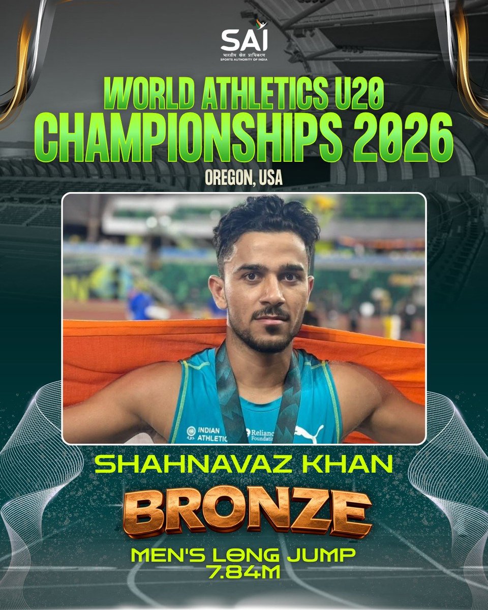 Media_SAI's tweet photo. Shahnavaz Khan has made history at the World Athletics U20 Championships 2026 in Oregon, USA, winning Bronze in Men’s Long Jump with a superb 7.84m leap! 🏟️👏

This marks India’s first-ever medal in Men’s Long Jump at a World-level event! 🇮🇳🥉

A historic jump. A landmark moment. A new chapter for Indian long jump. 🚀

Congratulations, Shahnavaz! 👏🇮🇳

#ShahnavazKhan #WorldAthleticsU20