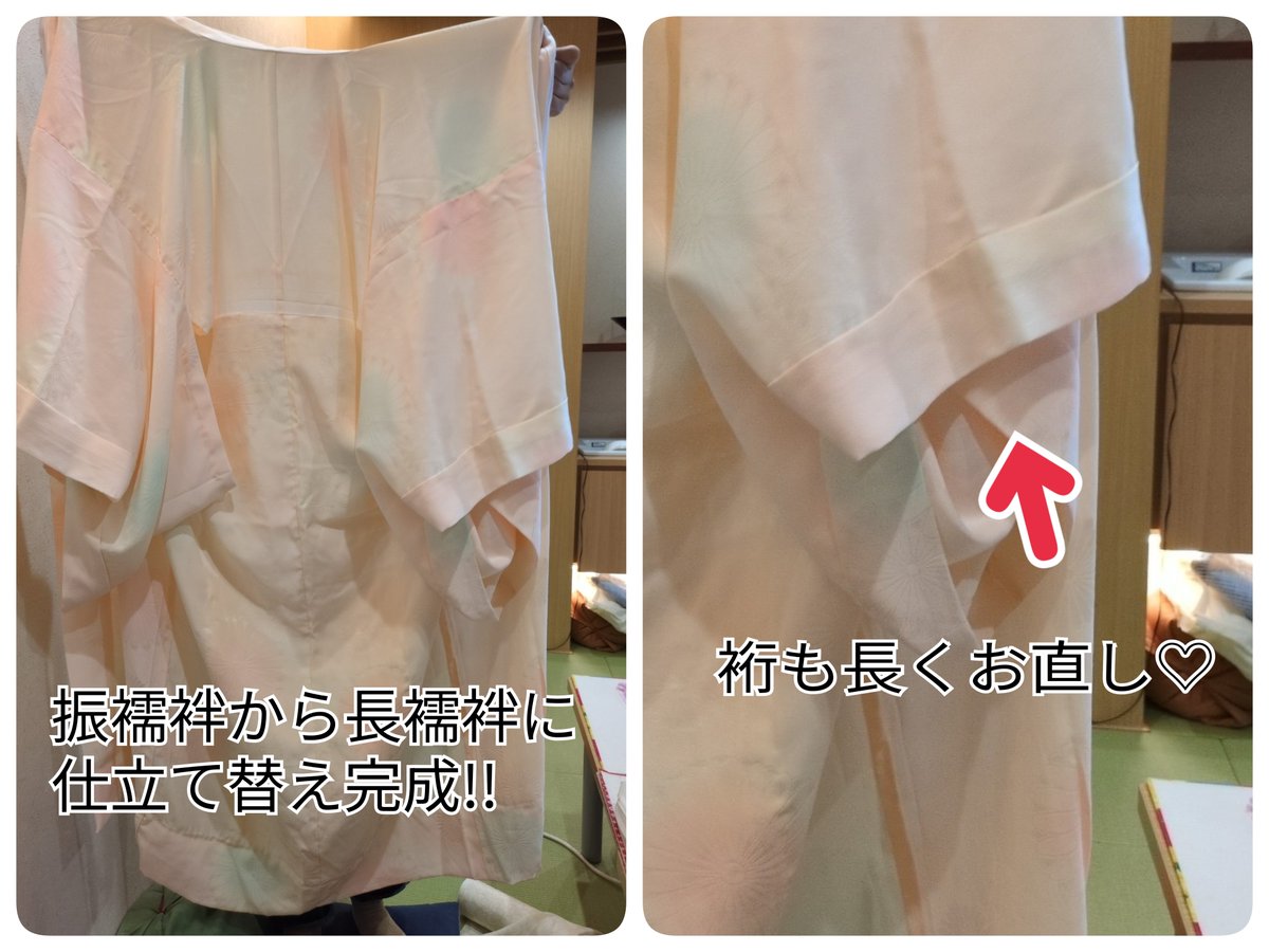 kimonostation's tweet photo. 本日8月9日(日)、#ちくちく和裁教室 を開催🪡
⁡
今日は、振袖用の長襦袢から普通の長襦袢への仕立て替えが完成!!裄丈も直してぴったりマイサイズになりました💕
大きな花柄の浴衣も完成!!この夏に大活躍しそうですね☺

#ちくちく和裁教室
#和裁 #和裁教室
#きもの #着物 #ゆかた 
#手作りきもの https://t.co/Lahq6InlS2