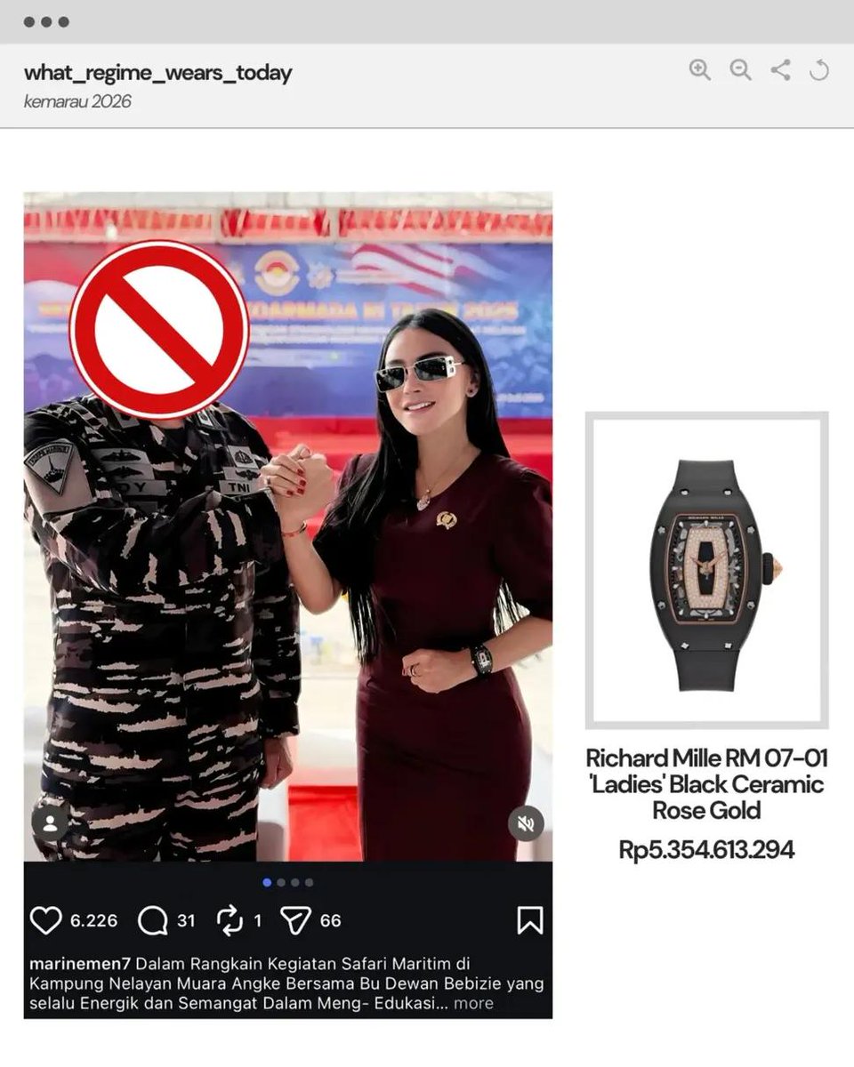 bismillahyuk_'s tweet photo. Ke kampung nelayan Muara Angke pake Richard Mille seharga 5 MILYAR CHEECKK.

Koleksi aksesoris jam, dan perhiasan dari Bebizie yg harganya SELANGIT 🥰

Sari Sri Mulyati (Bebizie), anggota DPRD DKI Jakarta (Partai Amanat Nasional), periode 2024-2029.

 #cabinetcoutureIDN https://t.co/6n7UHyA3cE