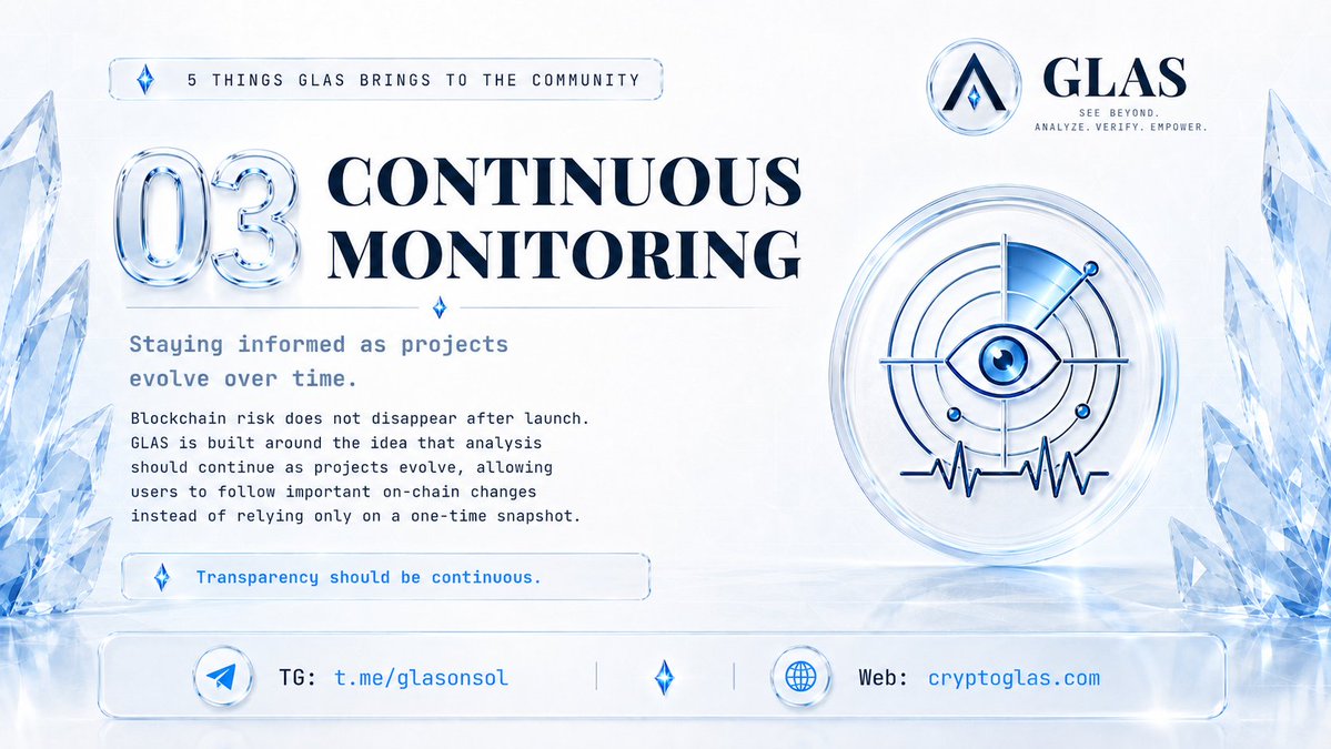 GLASonSol's tweet photo. 03. CONTINUOUS MONITORING 👁️

Blockchain risk does not disappear after launch.
GLAS is being built around the idea that analysis should continue as projects evolve, allowing users to follow important on-chain changes instead of relying only on a one-time snapshot.

Transparency should be continuous.

TG: https://t.co/c8Hi4ObfzG
Web: https://t.co/6NVl1ze5Ql

#GLAS #GLASonSol #Solana #OnChainData #CryptoSecurity #Web3 #Blockchain