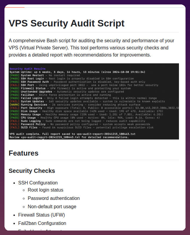 tom_doerr's tweet photo. vps-audit is a Bash script that audits Linux servers for security vulnerabilities like weak SSH authentication, inactive firewalls, and unmonitored sudo logs, while also generating reports on system performance metrics including disk space and memory usage.

https://t.co/Mc9DQz4RFy
