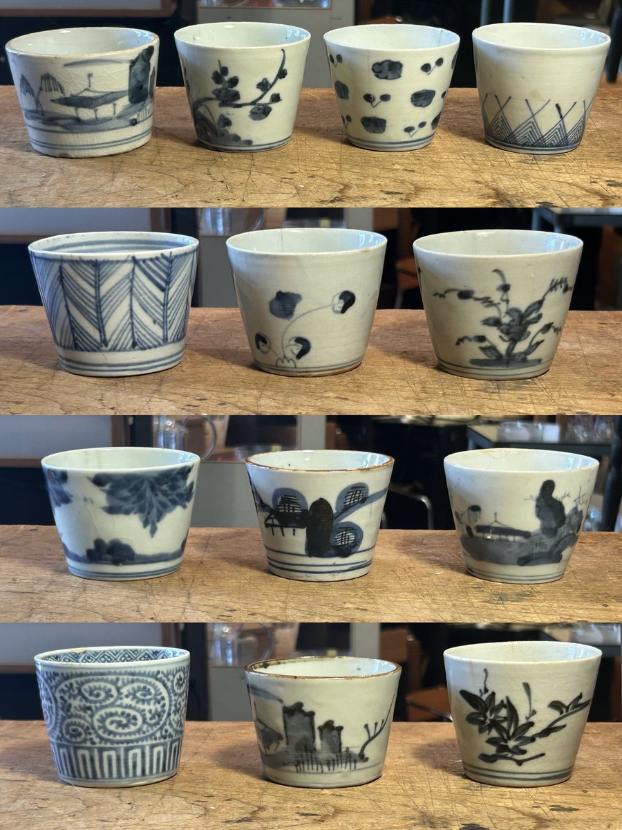 subtonez's tweet photo. お盆といえば蕎麦。古手の蕎麦猪口（難あり）絵柄は可愛い子揃いで千円均一！
https://t.co/ypIe0qQito https://t.co/BmOYUMU0gl