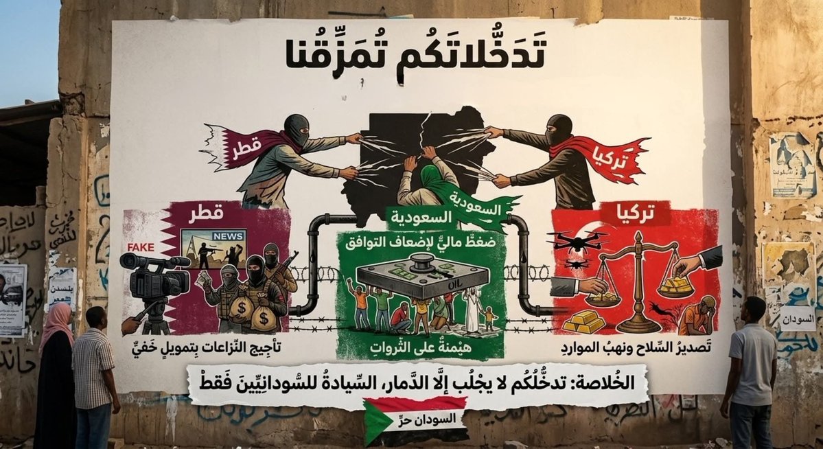 TyjanA5_'s tweet photo. تُعطل قطر والسعودية وتركيا أي وساطة حقيقية لأن السلام يحرِمُها من أوراق الضغط والسيطرة الإقليمية. يتبادلون الأدوار أمام الإعلام العالمي، وفي الكواليس يغذون الاستقطاب ويمنعون أي توافق وطني سوداني. لن تتوقف هذه المحرقة حتى يُرفع هذا اليد الإقليمي العابث والمشوه عن الملف السوداني https://t.co/PtM7Jhfcig