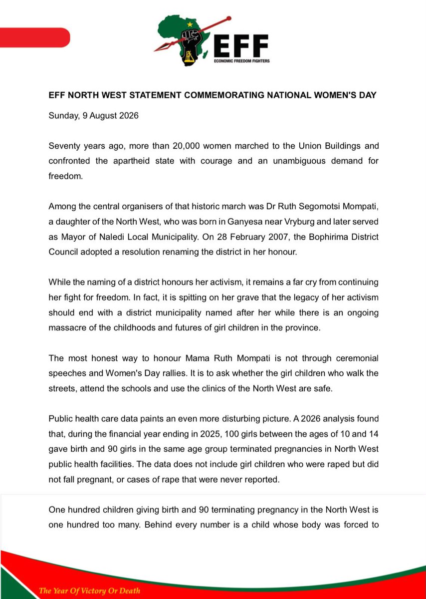 EffNorthwest's tweet photo. EFF NW STATEMENT COMMEMORATING NATIONAL WOMEN'S DAY

“The most honest way to honour Mama Ruth Mompati is not through ceremonial
speeches and Women's Day rallies. It is to ask whether the girl children who walk the
streets, attend the schools &amp; use the clinics of the NW are safe.” https://t.co/YgHv9Ehnij
