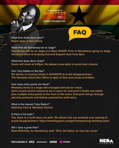 MacJordaN's tweet photo. #BHIMFestLondon FAQ! ⁉️🔥

Big ups to @stonebwoy & @BurnitonMSG for putting this information out ahead of the event!

THIS is the kind of clarity and transparency we need from event organizers and promoters, proper communication, proper planning, and respect for the fans.

Not overselling tickets and leaving people frustrated at the door. 🎟️🚫

More of this, please! 👏🏾🔥