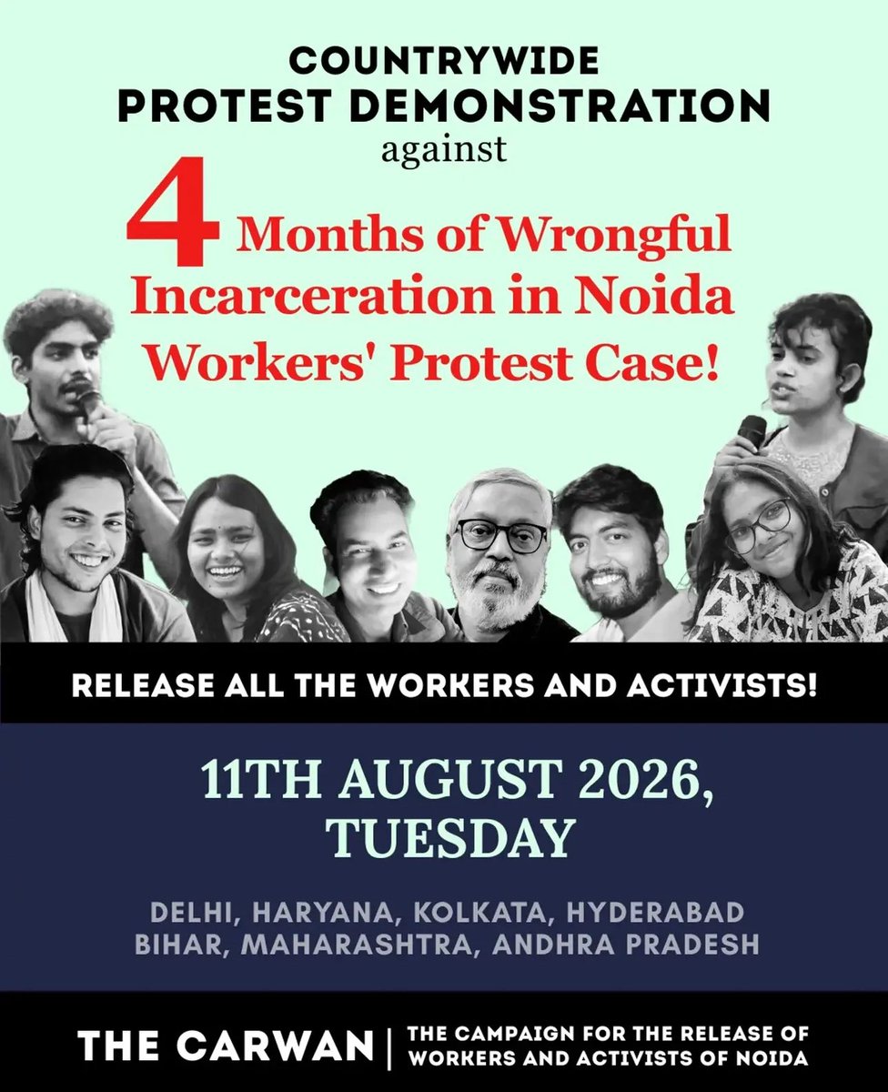 DrSauceX's tweet photo. 8 activists who stood in solidarity with workers in Noida still remain wrongfully jailed!

2 of them, student activist, theatre artist Aakriti Choudhary and public intellectual and journalist Satyam Varma have been slapped with NSA

Join countrywide demonstrations on 11th August! https://t.co/tPYy2tPBvk