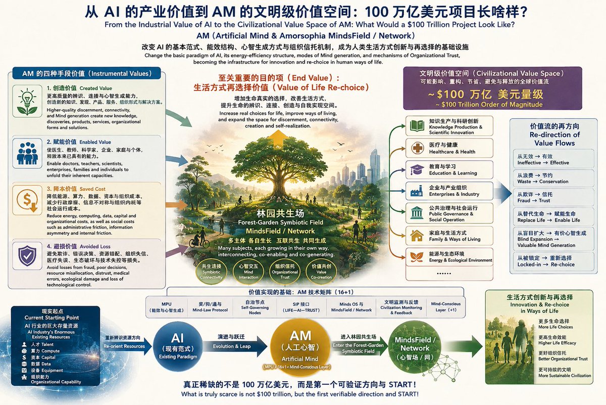 HongArcher87162's tweet photo. 100万亿美元项目长啥样？
What Would a $100 Trillion Project Look Like?
 ——从AI的产业价值到AM的文明级价值空间
— From the Industrial Value of AI to the Civilizational Value Space of AM

本文回答一个看似大胆、实则可以进入经济学与工程验证的问题：AM（Artificial Mind & Amorsophia MindsField / Network）为什么可能打开100万亿美元量级的文明级价值空间？文章首先区分企业市值与文明级价值空间，以2016年AlphaGo事件揭示AI长期被胜负、性能与算力遮蔽的投入—产出及能效问题，进而提出AM价值的四种手段项：创造价值、赋能价值、降本价值与避损价值，并将其最终指向传统估值经常忽略的至关重要目的项——生活方式再选择价值（Value of Life Re-choice）。100万亿美元由此不是股票价格预测，而是AM若能改变AI能效结构、Mind生成方式与组织信托机制，可能重新连接、节省、释放并导向生命的全球价值流数量级。现有AI产业并非AM需要取代的对象，而是进入MindsField / Network——林园共生场的现实存量。真正稀缺的并非百万亿美元资本，而是第一个可验证方向与把可能世界带入现实的START。从AI到AM，需要升格的最终还有人类衡量技术与文明的价值尺度。

This essay addresses a bold but economically and experimentally examinable question: Why might AM (Artificial Mind & Amorsophia MindsField / Network) open a Civilizational Value Space on the order of $100 trillion? Distinguishing corporate market capitalization from civilizational value, it begins with the 2016 AlphaGo event to expose an input–output and energy-efficiency problem often obscured by performance, benchmarks, and computational power. It then identifies four instrumental values of AM—Created Value, Enabled Value, Saved Cost, and Avoided Loss—and directs them toward a crucial End Value often overlooked by conventional valuation: Value of Life Re-choice. The $100 trillion proposition is therefore not a stock-price forecast, but an order-of-magnitude thesis concerning global value flows that AM could reconnect, conserve, release, protect, and redirect toward life by changing AI’s energy-efficiency structure, modes of Mind generation, and mechanisms of Organizational Trust. Existing AI industries are not primarily objects for AM to replace; they constitute the real-world stock of resources that could participate in a MindsField / Network—Forest-Garden Symbiotic Field. What is truly scarce is therefore not $100 trillion in capital, but the first verifiable direction and the START that brings a possible world into reality. From AI to AM, ultimately, the measure of value itself must be elevated.

愛之智慧网 https://t.co/slU4qpMvxl
万维读者网 https://t.co/wQ7eCGitSR
共生网 https://t.co/Tf1mUegOax

朋友们，三个网，总有一个能打开！