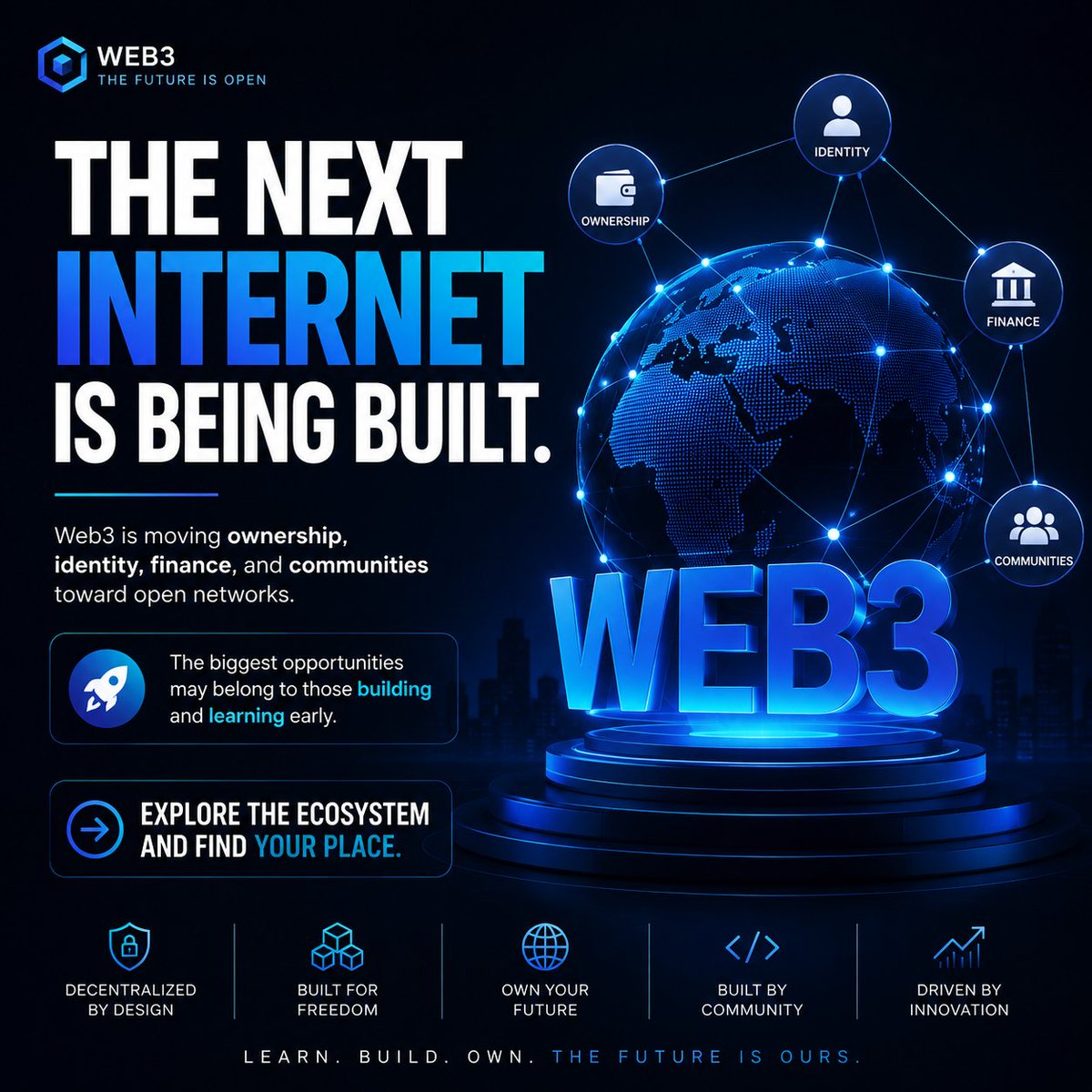dgm_creatix's tweet photo. THE NEXT INTERNET IS BEING BUILT.

Web3 is moving ownership, identity, finance, and communities toward open networks.

The biggest opportunities may belong to those building and learning early.

Explore the ecosystem and find your place. https://t.co/V6sn75gI6g