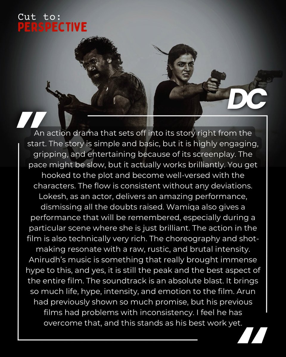 CutToPerspectiv's tweet photo. An action drama whose story is simple but it is highly engaging because of its screenplay. Lokesh and Wamiqa deliver amazing performance. Ani’s music is the peak and the best aspect of the entire film. The soundtrack is a blast.
#DC #Anirudh #Lokesh @anirudhofficial
@Dir_Lokesh https://t.co/PsvVvLQFyc