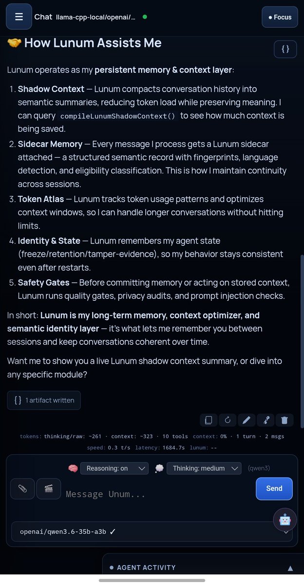 at0nios's tweet photo. Here is Lunum integrated into openunum and how the local agent is aware of it for now #ai #agentic #autonomous #qwen #codex #github #claude #openai #openclaw #hermes #opencode #piagent #webui https://t.co/uTGK5wAK4U