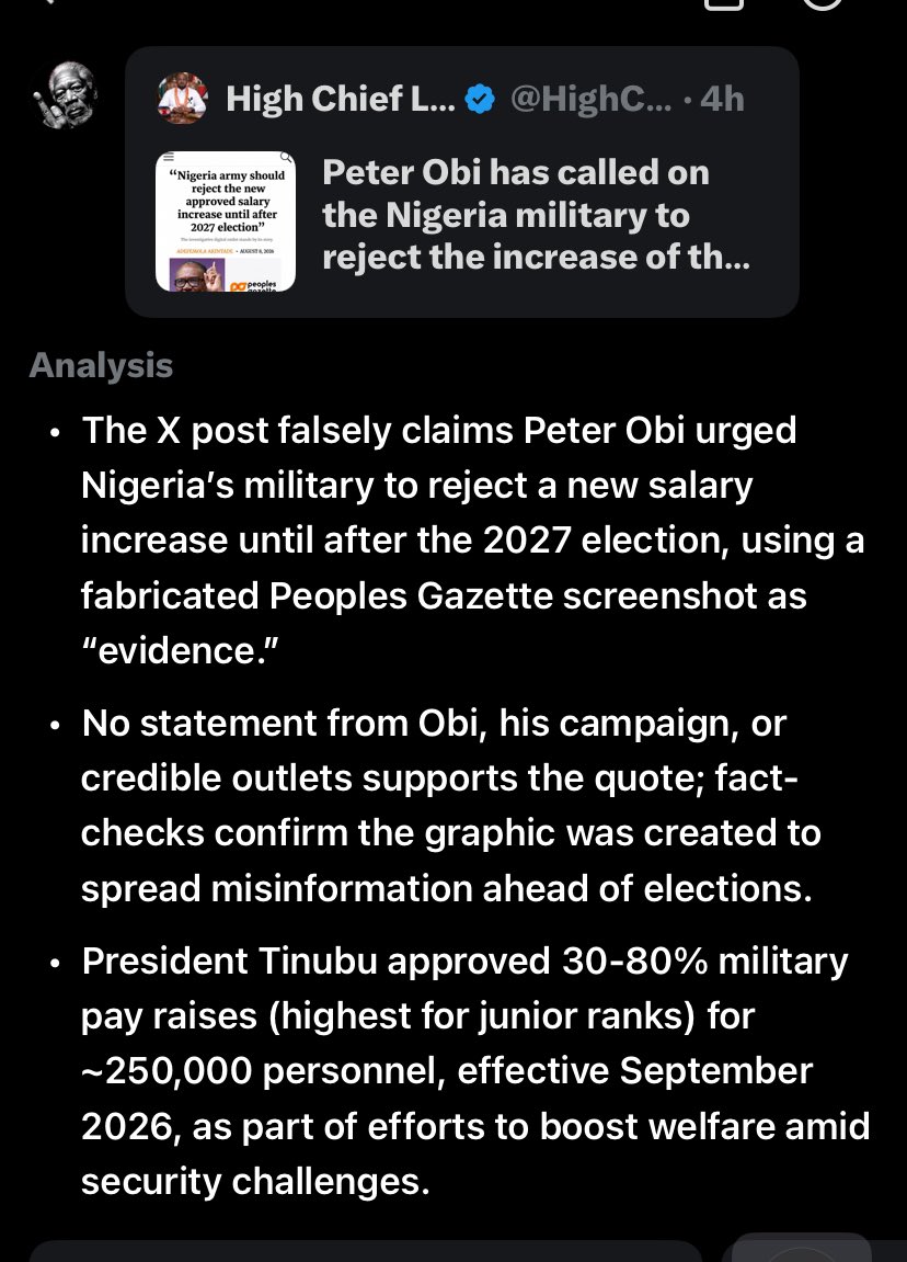 withoutduecbmq's tweet photo. @Onsogbu Dear Nigeria @HQNigerianArmy, the poster of these fabricated lies and misinformation is the real enemy of Nigeria 🇳🇬, a propagandist misleading people. He’s on a payroll to cook all kinds of lies to the public to demarket the leading opposition. Here is Grok’s statement on this. https://t.co/d8DSFE8ySu