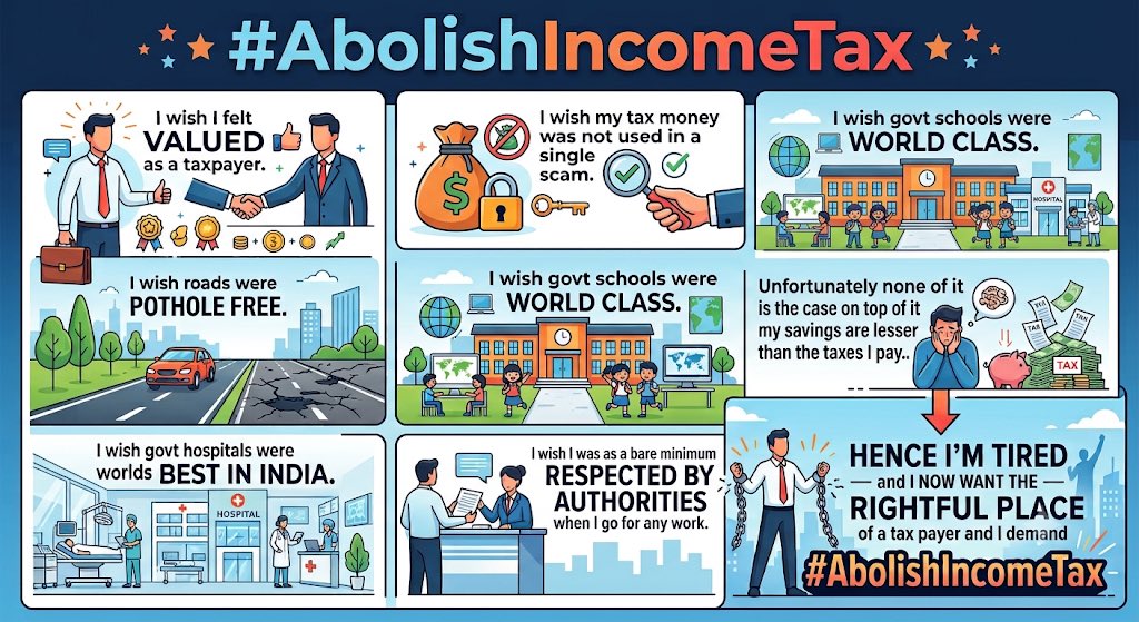 storyoftaxpayer's tweet photo. Why am I demanding #AbolishIncomeTax ? 
While I love my country but does the people who run the country even respects me? 

@nsitharaman this sorry state of affairs has to change in the next Budget, enough is enough as 2% population cannot continue to suffer for your manifestos https://t.co/zsOzcy4zN3