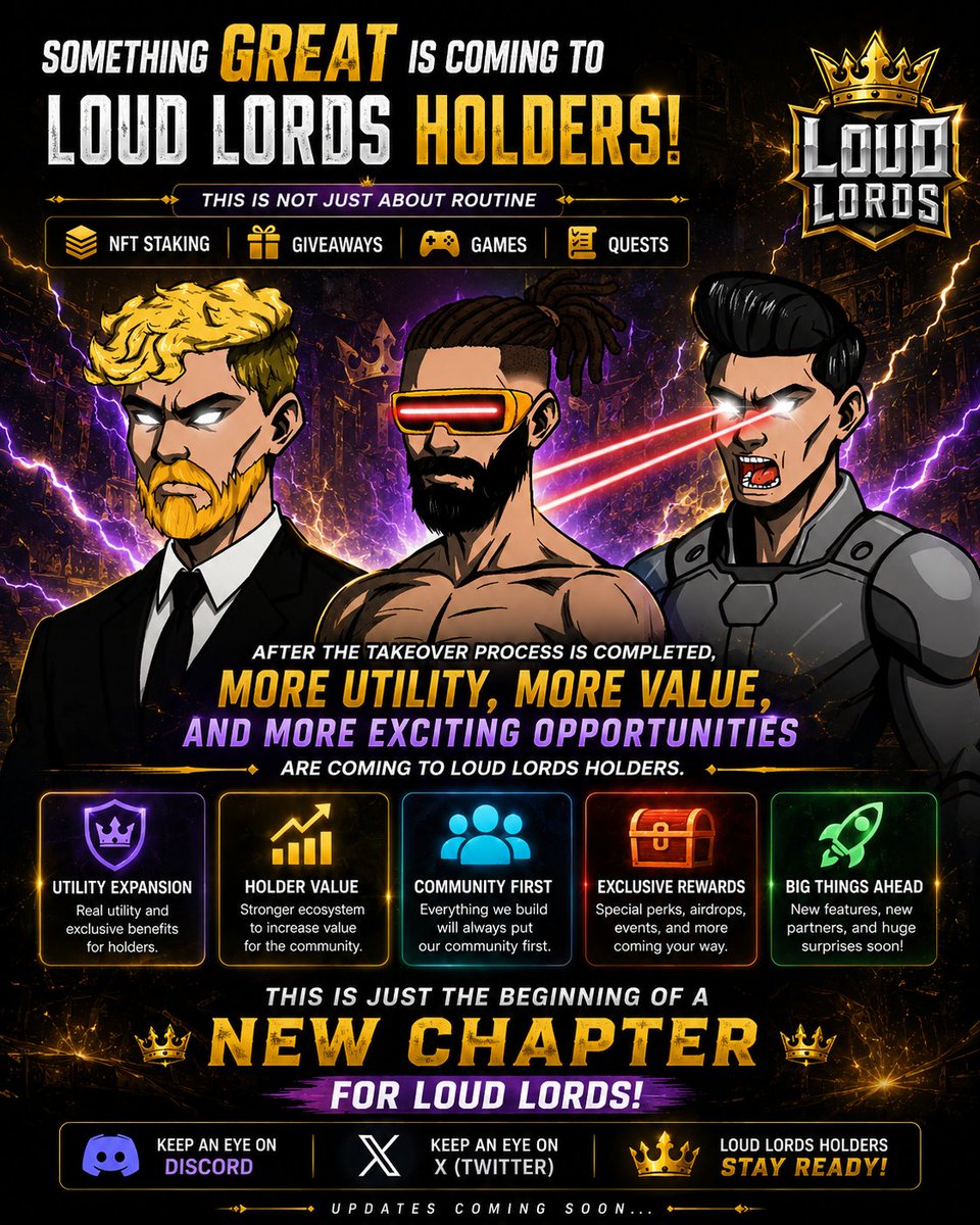 LoudLegendsNFT's tweet photo. 🚨 Something GREAT is coming for Loud Lords Holders! 

More than just staking, giveaways, games &amp; quests — MORE UTILITY, MORE VALUE &amp; MORE OPPORTUNITIES are coming after the takeover. 

Stay tuned. Stay ready. 
Discord &amp; X — DON’T MISS IT! 
Keep watching Discord &amp; X closely. https://t.co/SQGokZ2gIN
