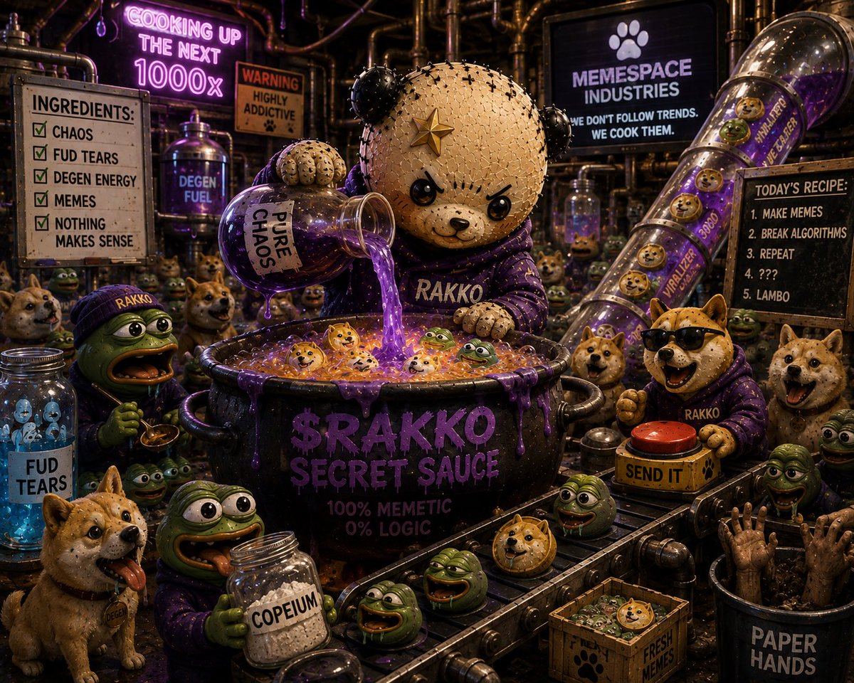 balkancryptoX's tweet photo. 🧪 Ever wondered how memes are actually made?

A little chaos.
A few FUD tears.
Zero logic.
And an unhealthy amount of degen energy. 💀

$RAKKO knows the recipe.

We don’t follow trends.
We cook them. 👨‍🍳🐾

Next batch loading… 🔥

#RAKKO #Memespace #Solana #Memecoin #Crypto #CT https://t.co/L7pG7rD7Rj