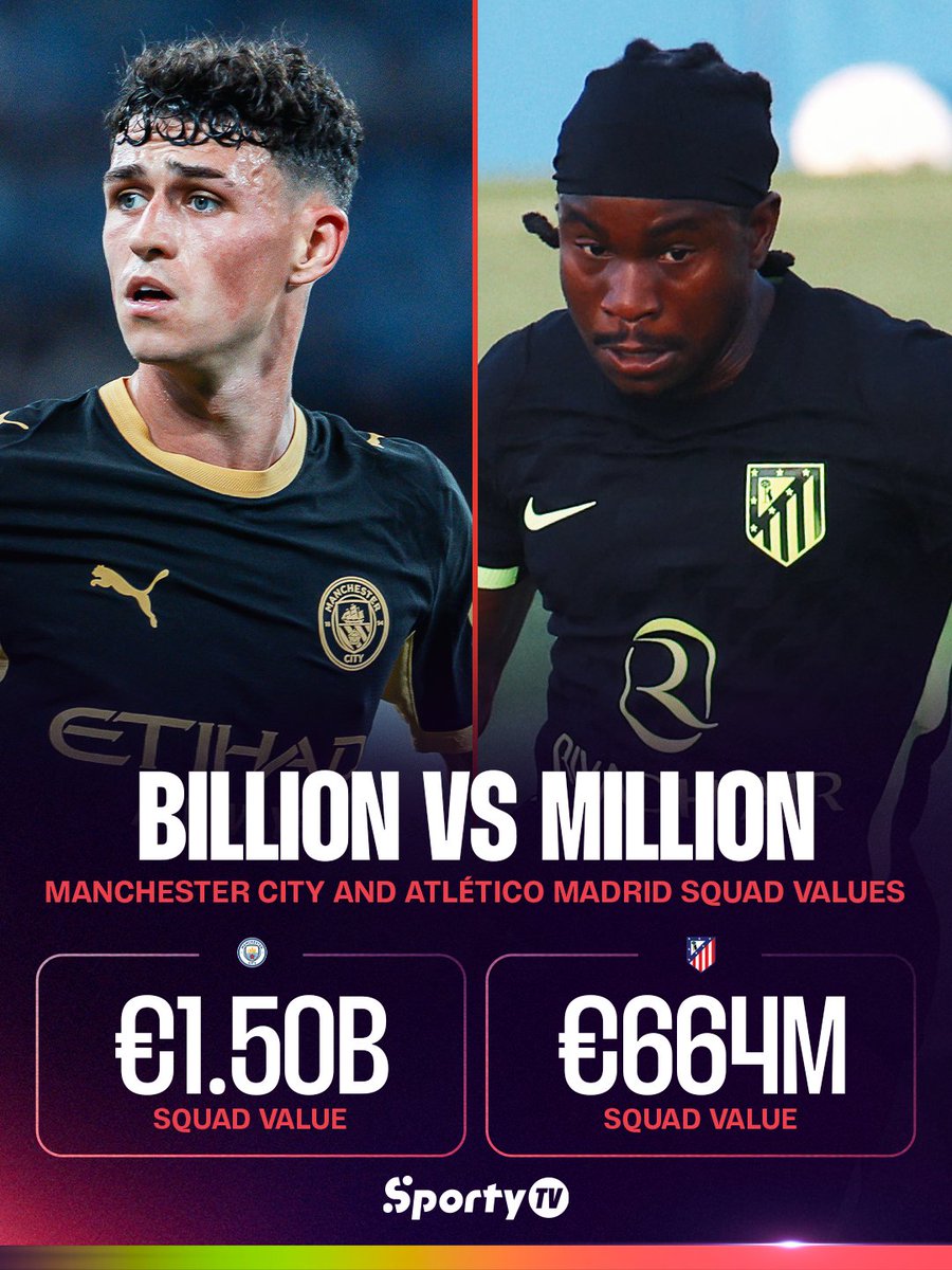 SportyTV's tweet photo. A huge difference in squad value between Man City and Atlético Madrid... but who will come out on top on the pitch? 👀💰

Catch Man City vs Atlético Madrid live and completely FREE on SportyTV, SportyTV App and on our YouTube channel 📺📲 https://t.co/vxRhCfV78m