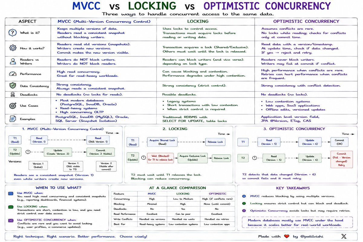 patilvishi's tweet photo. MVCC ≠ Locking ≠ Optimistic Concurrency
When multiple transactions access the same database row at the same time, you need a strategy to prevent lost updates, inconsistent reads, and race conditions.

These three approaches solve concurrency differently.

Quick memory trick
MVCC = Keep multiple versions
Locking = Make others wait
Optimistic Concurrency = Detect conflicts and retry
-------------------------------------------
MVCC  - Multi-Version Concurrency Control
Instead of making readers wait for writers...

The database maintains multiple versions of a row.

Transaction T1 → Read Version 1

Transaction T2 → Update
                               → Creates Version 2

T1 → Can still read its consistent snapshot

Readers don't necessarily block writers.

That's why MVCC works extremely well for read-heavy workloads.

Commonly associated with databases such as:
- PostgreSQL
- MySQL/InnoDB
- Oracle
👉 Think: Readers see a snapshot.
---------------------------------------------
Locking
With locking, transactions explicitly control access to data.

T1 → Acquire Lock
      → Update Row
      → Commit
       → Release Lock

T2 → WAIT...

Other transactions may have to wait until the lock is released.

Common examples:
SELECT *
FROM orders
WHERE id = 101
FOR UPDATE;

Useful when you need strong control over concurrent modifications.

But excessive locking can cause:
❌Blocking
❌Lock contention
❌Deadlocks

👉 Think: One transaction holds the door.
----------------------------------------------
Optimistic Concurrency
Instead of locking the row...

Assume conflicts are relatively rare.

Read the row with a version:
Order ID = 101
Version = 5

Update only if the version hasn't changed:

UPDATE orders
SET status = 'PAID',
    version = 6
WHERE id = 101
  AND version = 5;

If 0 rows are updated...

Someone changed the record first.

The application detects the conflict and can:
- Reload
- Recalculate
- Retry

👉 Think: Don't block- detect conflicts later.
-----------------------------------------------
The real-world scenario
Two users edit the same account.

Balance = ₹10,000
Version = 5

Both read version 5.

MVCC
Each transaction works with its appropriate database snapshot/version according to the database's isolation semantics.

Locking
User A → Lock row
User B → WAIT

Optimistic Concurrency
User A → Version 5 → Update → Version 6✅

User B → Version 5 → Update → 0 rows❌

                  ↓

      Conflict detected

This is where optimistic concurrency shines.
------------------------------------------------
When should you use each?
MVCC
Best when:
- Reads are frequent
- High concurrency is expected
- Readers shouldn't unnecessarily block writers
- Your database supports MVCC

👉 Great default for modern OLTP databases.
------------------------------------------------
Locking
Best when:
- Conflicts are frequent
- Critical resources must be serialized
- You need explicit control over concurrent updates
- Waiting is preferable to retrying

👉 Use when coordination matters more than concurrency.
---------------------------------------------
Optimistic Concurrency
Best when:
- Conflicts are relatively rare
- You want minimal blocking
- Applications can retry
- Updates are version-controlled

👉 Great for APIs and user-driven updates.
-----------------------------------------------
Biggest misconception
MVCC and Optimistic Concurrency are the same.

They are not.

MVCC is primarily a database concurrency-control technique using multiple row versions/snapshots.

Optimistic concurrency is a broader strategy where conflicts are detected rather than preventing them upfront.

You can actually use optimistic locking on top of a database that uses MVCC.
------------------------------------------------
Another misconception
Locking is always slower.

Not necessarily.

If conflicts are frequent, repeatedly failing and retrying optimistic updates can be more expensive than simply waiting for a lock.

The right choice depends on:
- Conflict frequency
- Read/write ratio
- Transaction duration
- Retry cost
- Consistency requirements
-----------------------------------------
One sentence to remember forever
MVCC → Multiple versions
Locking → Block conflicting access
Optimistic Concurrency → Detect conflict and retry

The important part isn't memorizing the terminology.

It's understanding what happens when two transactions try to modify the same data at the same time.

That's where database concurrency becomes a real production problem.