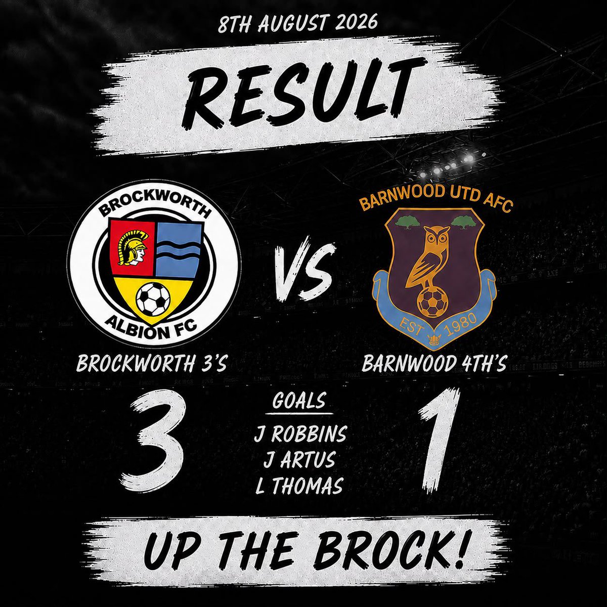 BrockAlbion's tweet photo. Our 3rds kicked off their pre-season schedule with a competitive friendly against local rivals Barnwood United 4ths. Goals from the on fire Jay Robbins, Liam Thomas &amp; Jaiden Artus were enough to secure the win. 🦡⚫️⚪️ https://t.co/uk10hCJRxZ
