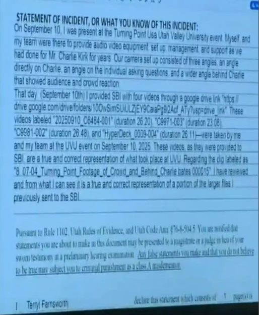 MuppetMasher's tweet photo. Where are the SD cards @TPUSA ?
 Lets get some things cleared up.. according to this affidavit Terryl Farnsworth did not hand over the original footage on SD cards, he didn't hand over a flash drive either. 
He, at some point later, uploaded only 4 videos to a google drive and sent the link. Where are the SD cards Terryl?
There was ample time to alter footage before handing it to police, ample time to mask out, apply AI or crop things out. It's not the original footage.
BTW there was 5 TPUSA video cameras operating that day and I'm nearly certain Terryl has Meta Glass video too.