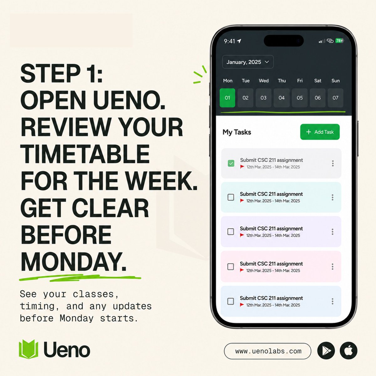 Useueno's tweet photo. We know you are back from your various weekend activities, and you are gearing up for the start of the week. Here's a Sunday ritual that saves the semester! 

#UENO #Uenolabs #FounderStory #EdTech #Operations #StudentExperience #EducationInnovation #BuildingUENO https://t.co/1r3zp2Ldlv