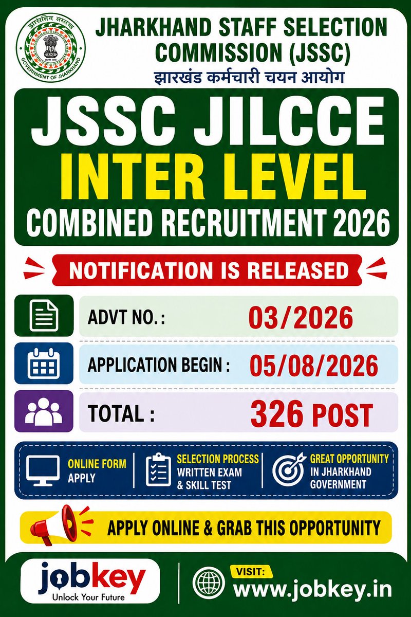 Jobkeyofficial's tweet photo. jobkey- JSSC Inter Level Combined Recruitment 2026 Online Form.
#jobkey #jobs #job #exam #naukari #jssc #recruitment #vacancy #govtjobs https://t.co/H967O2HQDv