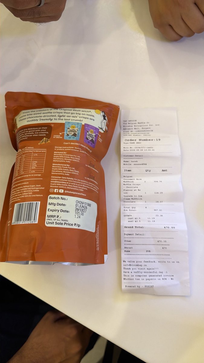 rajatgoel2's tweet photo. Overcharging by @belgianwaffleco at @ambiencemalls gurgaon openly . Selling more than the mrp written #overprice #foodcourt #overcharging #mrp https://t.co/uwY4ctAMYc