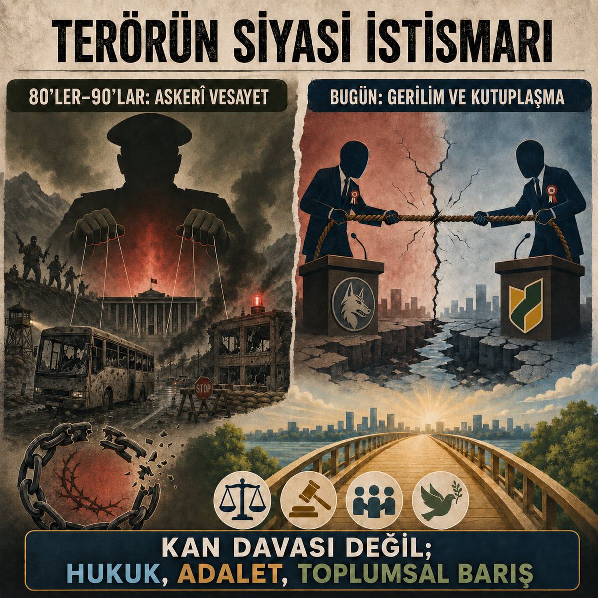 munekkit's tweet photo. 80’ler ve 90’larda askerî vesayet, siyasetteki gücünü “güvenlik zorunluluğu” söylemiyle meşrulaştırmak için PKK terörünü kullanırdı. Bugün siyasete dair kayda değer sözü veya argümanı olmayanlar da gerilim ve kutuplaşmadan beslendikleri için terörün bitmesini istemiyorlar. 

Kan davası güden siyaset, ilkel toplum düzeninin kalıntısıdır. Demokratik siyasetin işi intikam duygusunu büyütmek değil; hukuku, adaleti ve toplumsal barışı güçlendirmektir. Siyasetin görevi husumeti kuşaktan kuşağa taşımak değil, ortak geleceği kurmaktır.