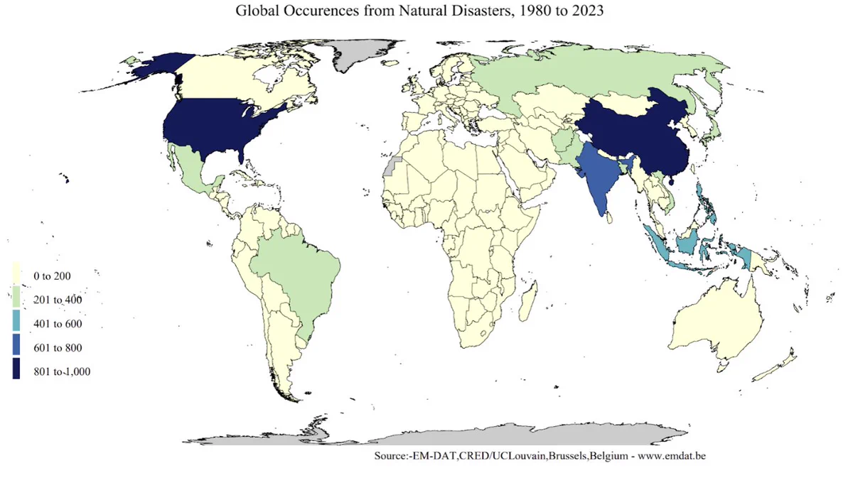 Global occurrences of natural disasters by country between 1980 - 2023