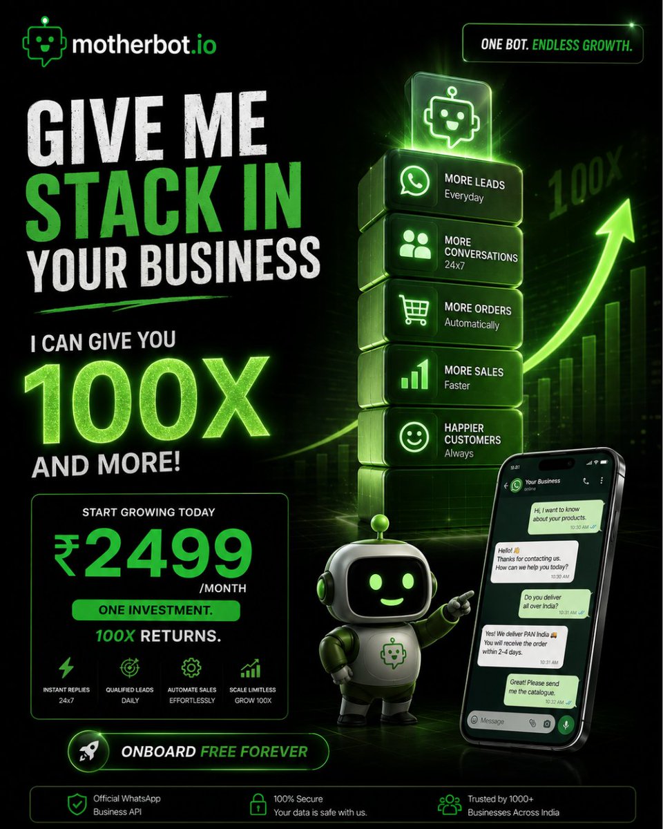 motherbot_io's tweet photo. 100 leads.
10 replies.
1 person handling everything. 💀

Time to automate the boring stuff.

MotherBot. One bot. Endless growth.

#IndianBusiness #WhatsAppAutomation #BusinessGrowth #EntrepreneursIndia #MotherBot https://t.co/kYkuLk9uPi