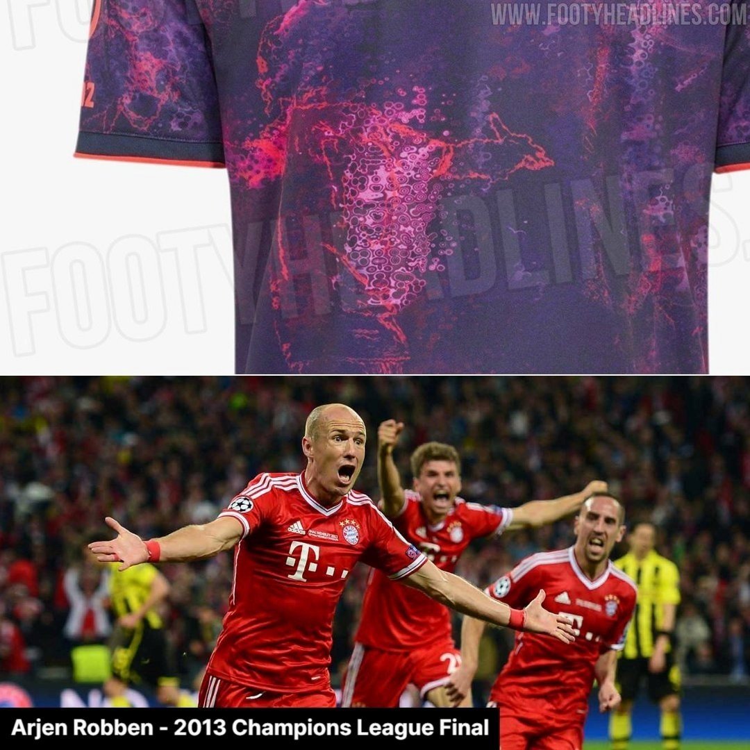iMiaSanMia's tweet photo. The pattern on Bayern's new third kit conceals four iconic historical moments from the club's most legendary European and global triumphs. Each section subtlely renders a famous image of a club icon lifting a trophy or celebrating a pivotal victory

• One graphic section depicts Franz Beckenbauer lifting the 1974 European Cup trophy
• Another section shows Oliver Kahn holding the 1996 UEFA Cup trophy
• The pattern also incorporates Samuel Kuffour holding the Intercontinental Cup trophy in 2001
• Finally, another section captures Arjen Robben's celebration after scoring the winning goal against Borussia Dortmund at Wembley in the 2013 Champions League final

What initially looks like a completely random, modern graphic pattern is actually deeply rooted in Bayern München's rich history, immortalizing the exact moments the club reached the absolute pinnacle of football.

[@Footy_Headlines]
