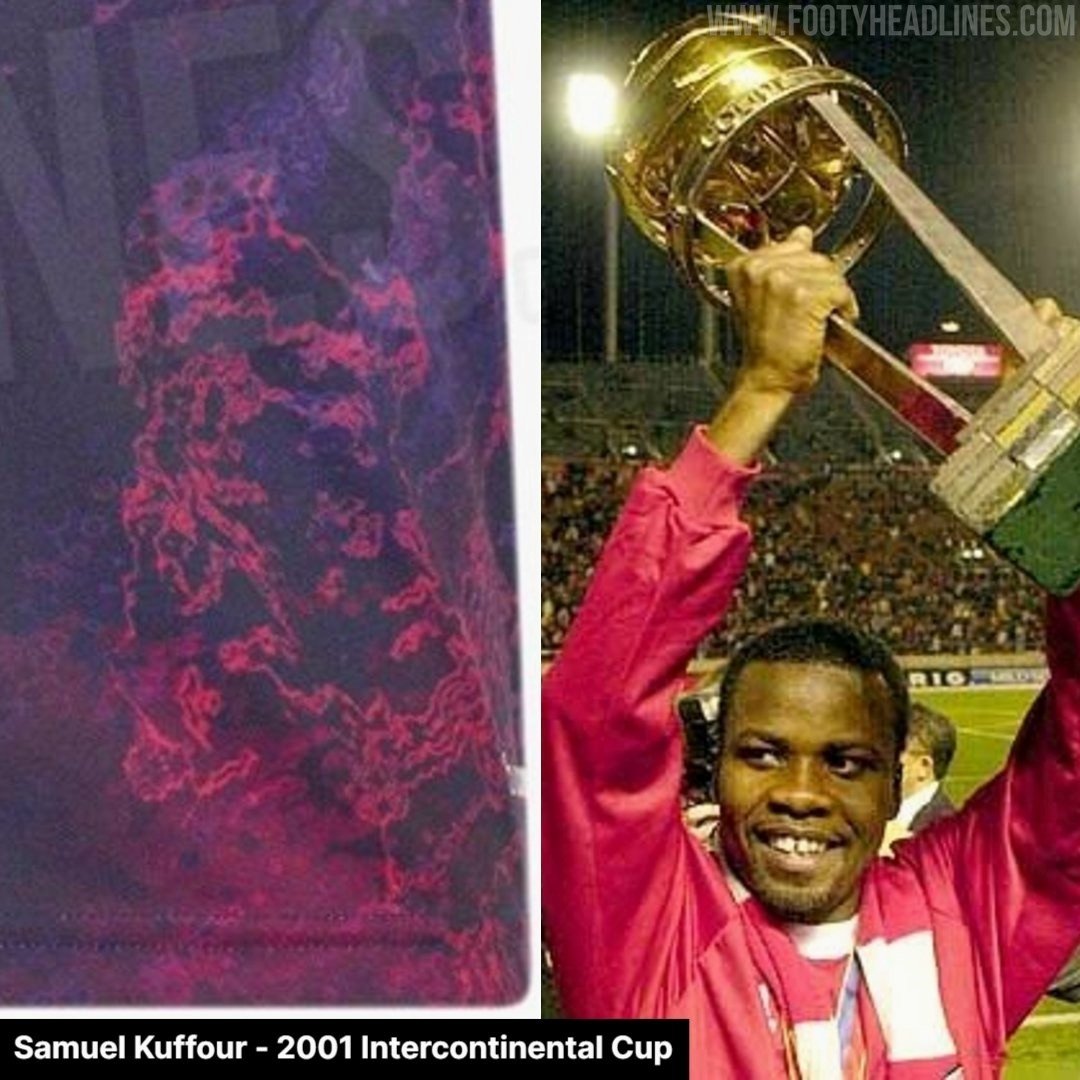 iMiaSanMia's tweet photo. The pattern on Bayern's new third kit conceals four iconic historical moments from the club's most legendary European and global triumphs. Each section subtlely renders a famous image of a club icon lifting a trophy or celebrating a pivotal victory

• One graphic section depicts Franz Beckenbauer lifting the 1974 European Cup trophy
• Another section shows Oliver Kahn holding the 1996 UEFA Cup trophy
• The pattern also incorporates Samuel Kuffour holding the Intercontinental Cup trophy in 2001
• Finally, another section captures Arjen Robben's celebration after scoring the winning goal against Borussia Dortmund at Wembley in the 2013 Champions League final

What initially looks like a completely random, modern graphic pattern is actually deeply rooted in Bayern München's rich history, immortalizing the exact moments the club reached the absolute pinnacle of football.

[@Footy_Headlines]