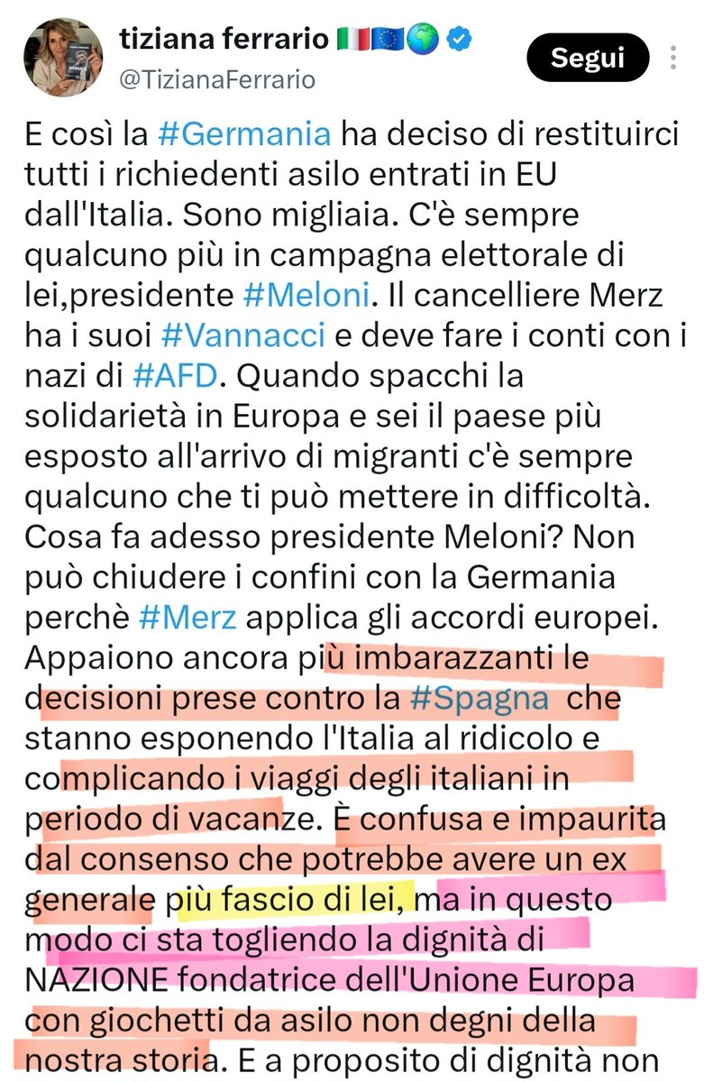 Simona45104788's tweet photo. Ehi Tizià (@TizianaFerrario), noi elettori della destra di @GiorgiaMeloni, ci siamo rotti le palle di "giornalai" che ci offendono in continuazione dandoci del #fascio.Scommettiamo che, nel caso dovessimo reagire con una bella class action,riusciresti a capirlo una volta x tutte? https://t.co/y4rUVwKVkb