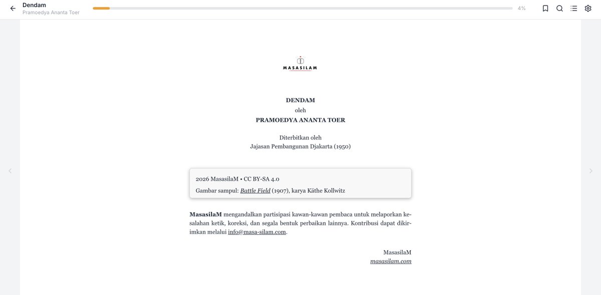masasilamdotcom's tweet photo. Dendam — Pramoedya Ananta Toer

Format: EPUB
Total kata: 6.519 kata
Estimasi baca: 33 menit
Kategori: Fiksi, Koleksi Sastra, Perang
Terbit pertama: 1950

Dapat dibaca dan diunduh gratis di:
https://t.co/a4j29vwI2G https://t.co/pDXP0U14J4