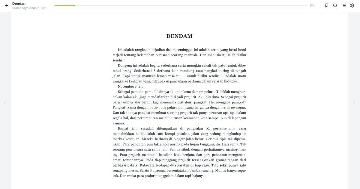 masasilamdotcom's tweet photo. Dendam — Pramoedya Ananta Toer

Format: EPUB
Total kata: 6.519 kata
Estimasi baca: 33 menit
Kategori: Fiksi, Koleksi Sastra, Perang
Terbit pertama: 1950

Dapat dibaca dan diunduh gratis di:
https://t.co/a4j29vwI2G https://t.co/pDXP0U14J4