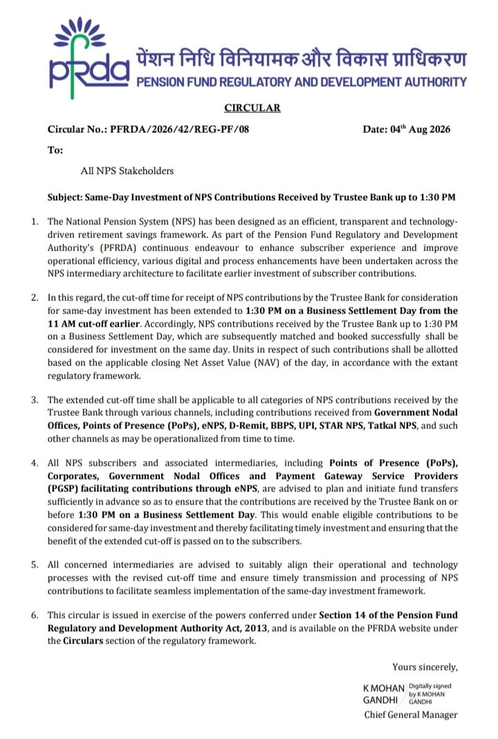 h_pongilath's tweet photo. PFRDA issues circular - Same-Day Investment of NPS Contributions Received by Trustee Bank up to 1:30 PM from the 11.00 AM cut-off earlier (dt:04th Aug' 2026)
#PFRDA #Pensionfund #NPS https://t.co/4yV0f2Wb66