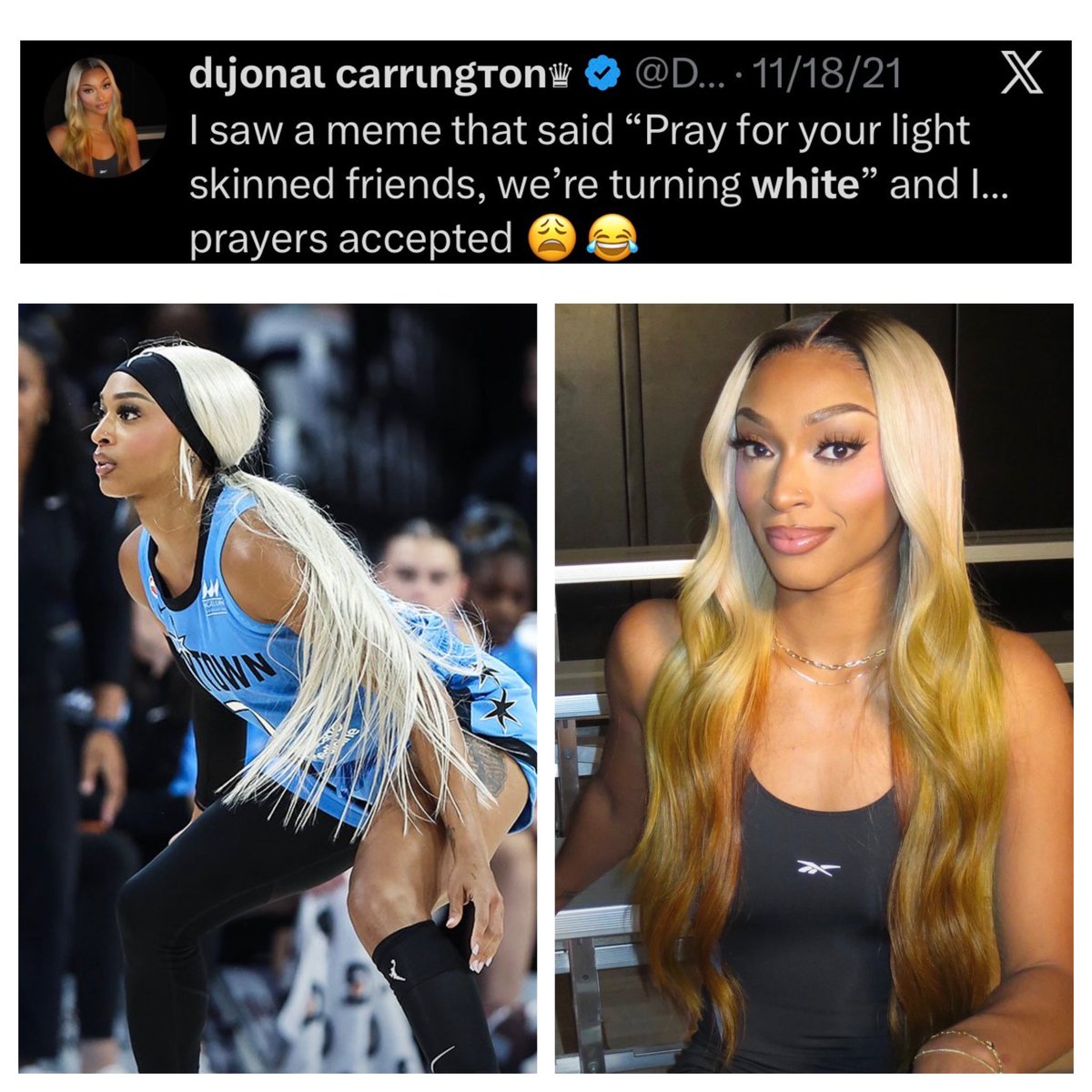 Kentuckygirl1's tweet photo. This piece of trash posts “white privilege” after assaulting Sophie Cunningham in a game.
And a few years ago she’s accepting prayers for “turning white,” while doing everything she can to look white?
The audacity…… https://t.co/aFWNvT0Tf7
